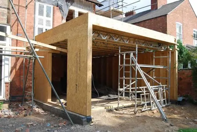 Extension under construction, timber frame stage